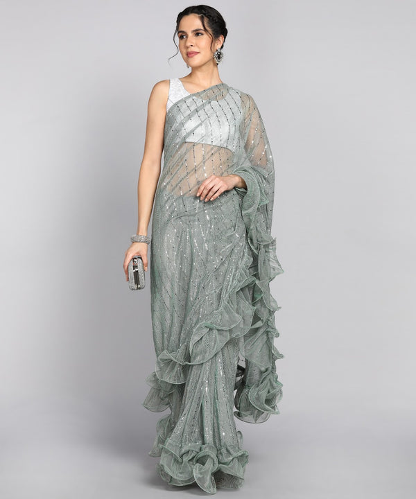 Frill work saree with separate blouse piece