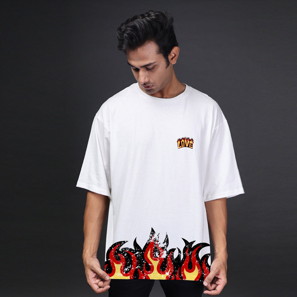White Oversized Fire Print T-Shirt for Bold Streetwear Looks